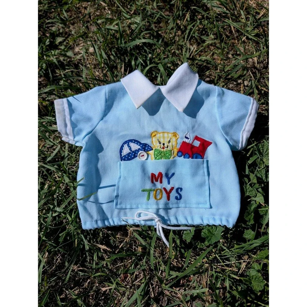 Vintage 1980s Baby Blue Collar Shirt MY TOYS embroidered Teddy Bear Cars 12 M